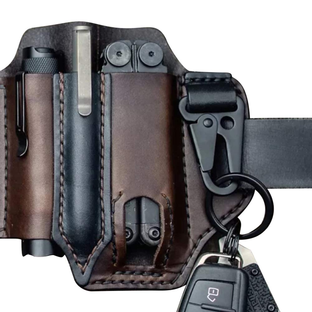 Leatherman Multitool Leather Soc in 1 Organizer, EDC Sheath/Key Holder Loop/Flashlight Holster with Keyring - Outdoor Camping, Dark Brown