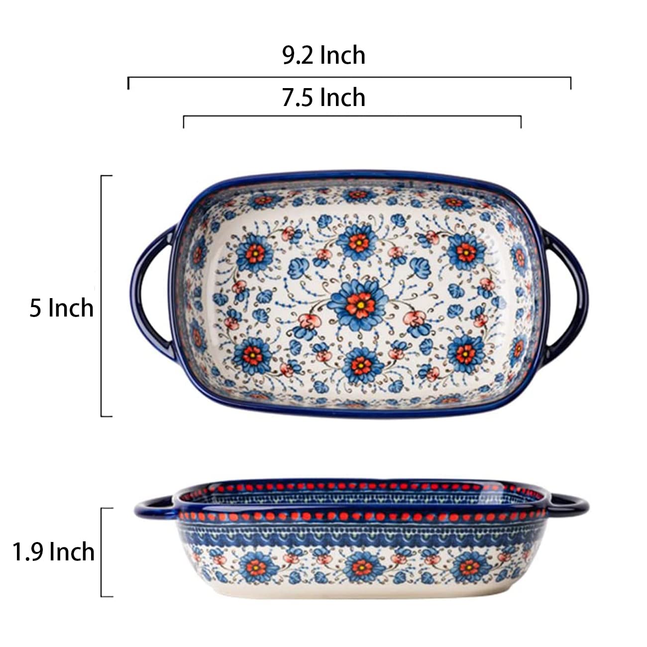 Blue and Orange Flower Vintage Style Ceramic Bakeware Casserole Dish Baking Pan Lasagna Pans with Handles for Oven/Cooking/Kitchen-1 PCS-22 OZ