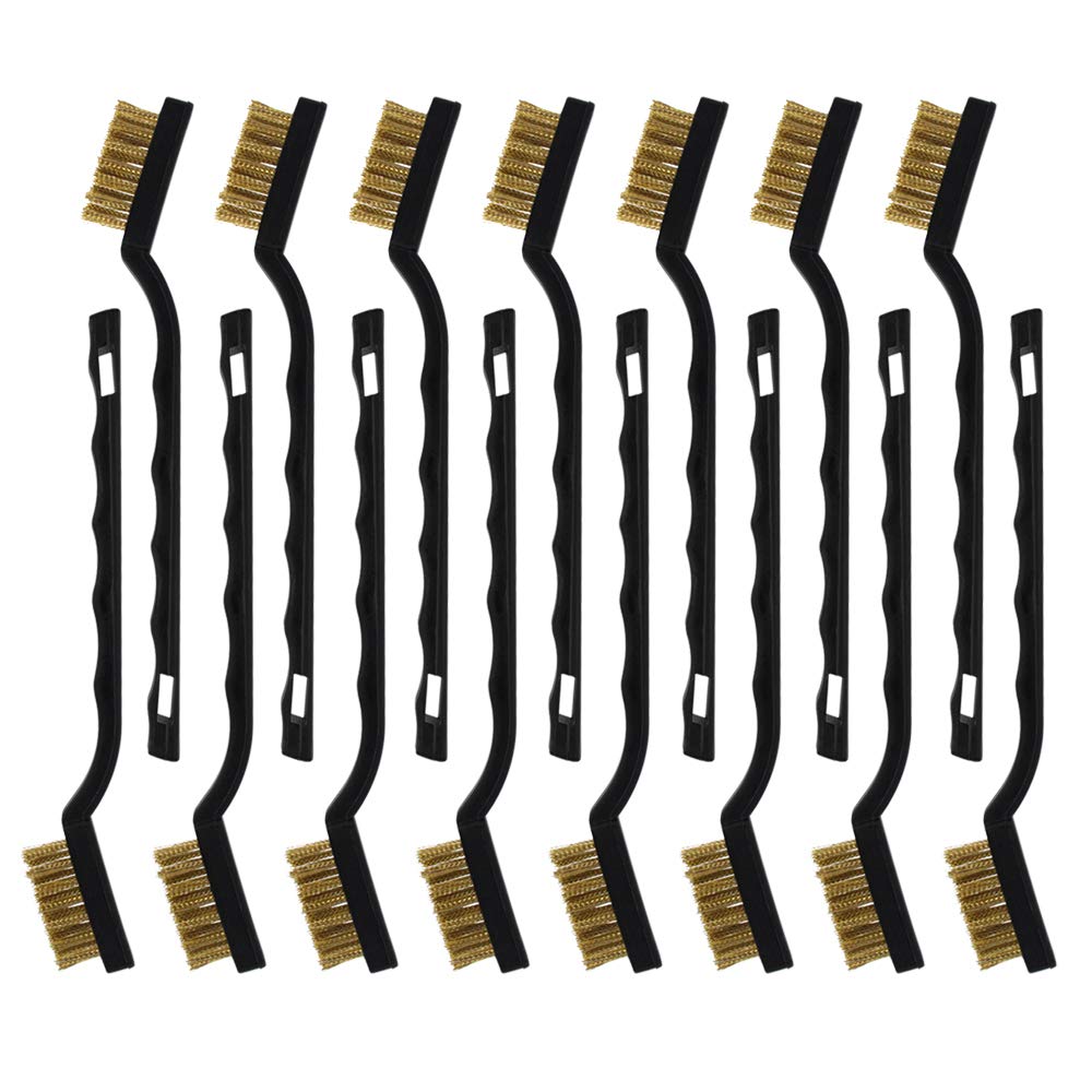 Topbuti 15 Pcs Mini Brass Wire Brushes for Cleaning Welding, Rust, Metal Bristles and Curved Handle Brushes