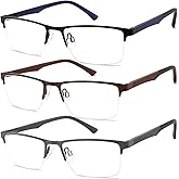 DILLY VISION 3 Pack Reading Glasses for Men Blue Light Blocking with Spring Hinge,Stylish Metal Half Frame Mens Computer Readers (+2.0 Strength)