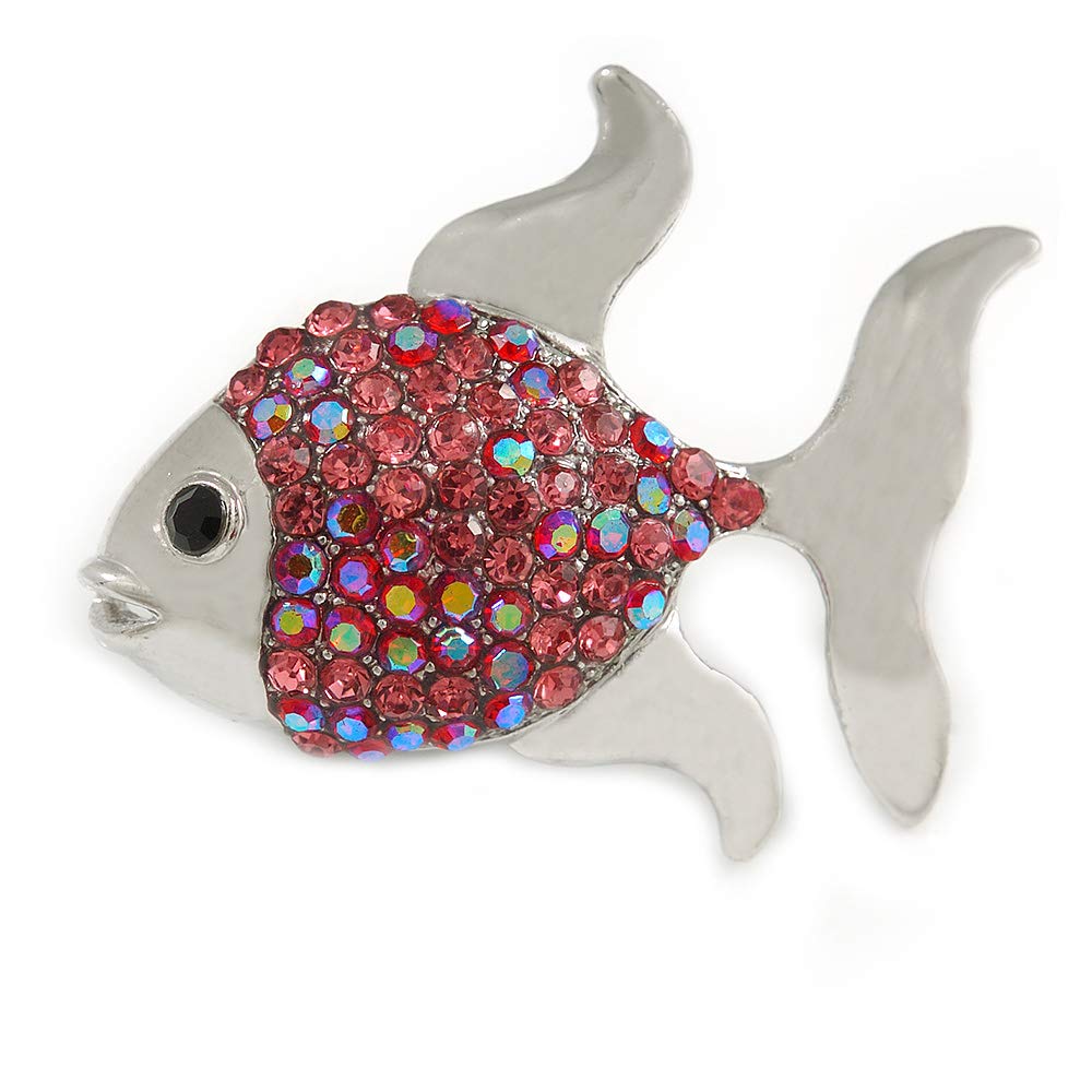 Small Pink Crystal Fish Brooch In Silver Tone Metal - 35mm Across