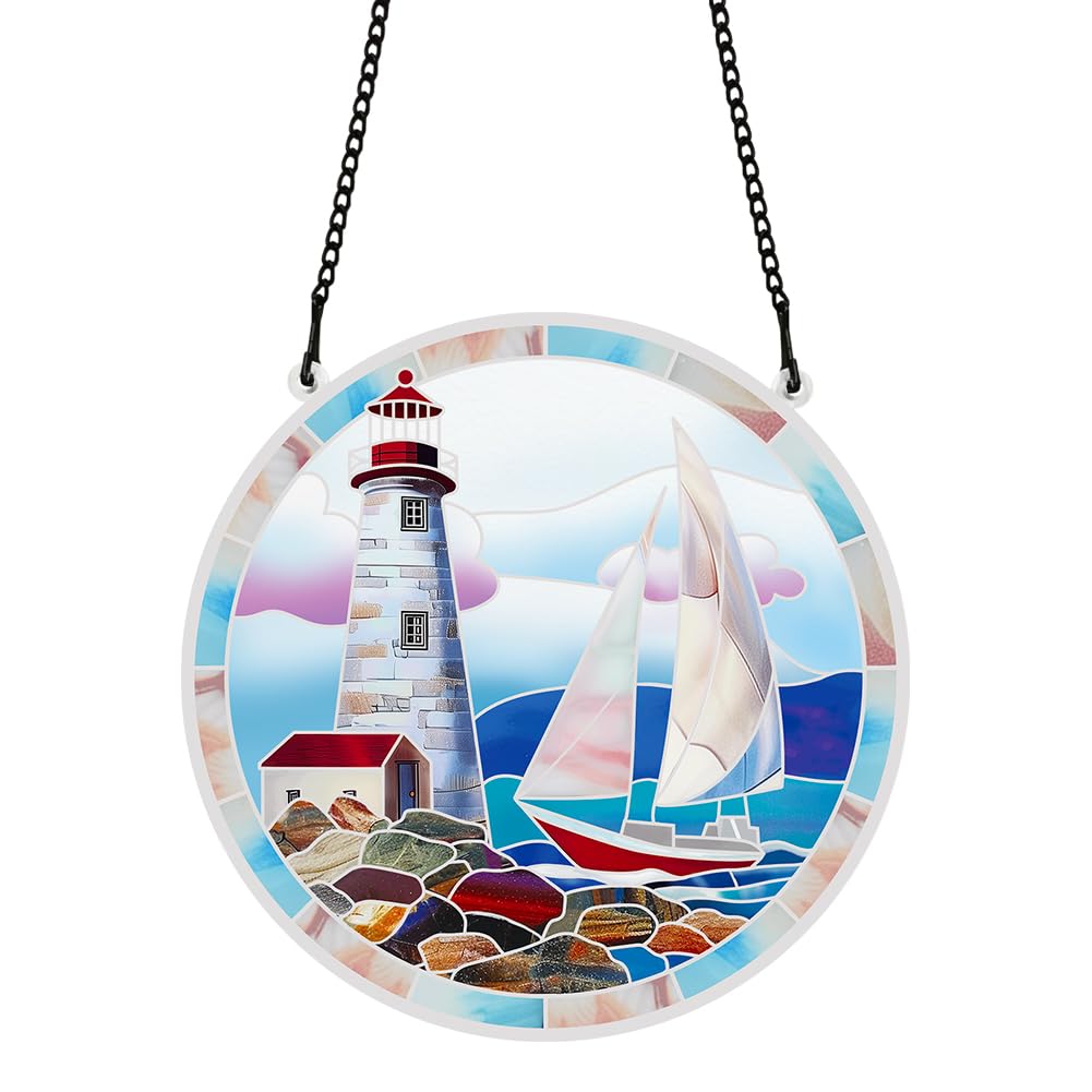 PLIGREAT Suncatchers Lighthouse Sailboat Acrylic Stained Glass Sun Catchers Summer Patio Garden Hanging Tree Ornaments for Living Room Bedroom Playroom Window Decoration Wall Art Decor Memorial Gifts