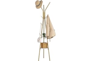 HOMEFORT Coat Rack, Coat Hanger Stand with 2 Shelves, Freestanding Hall Tree, Metal Hat Hanger with 12 Hooks for Clothes Hats and Scarves (Gold)