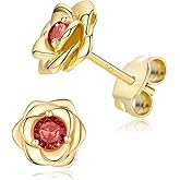 14K Gold Plated 925 Sterling Silver Post Rose Flower Stud Earrings for Women Birthstone Cubic Zirconia Studs Earrings Hypoallergenic & Nickel Free Jewelry