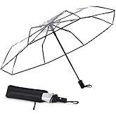 CHONNFEASTT® Clear Automatic Folding Umbrella with Leather Sleeve — 42" Transparent Canopy | Auto-Open | Compact 11" Fold — Wind-Resistant Travel Umbrella for Women & Men, Wedding & Commute