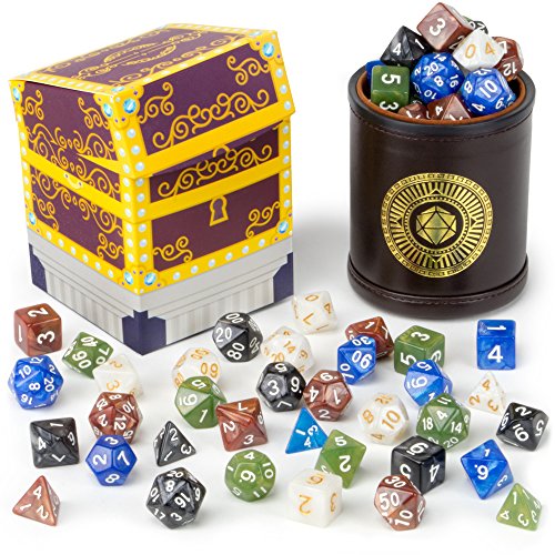 Cup of Plenty: 5 Sets of 7 Premium Pearlized Polyhedral Role Playing Gaming Dice for Tabletop RPGs with Brown Bicast Leather Dice Cup by Wiz Dice