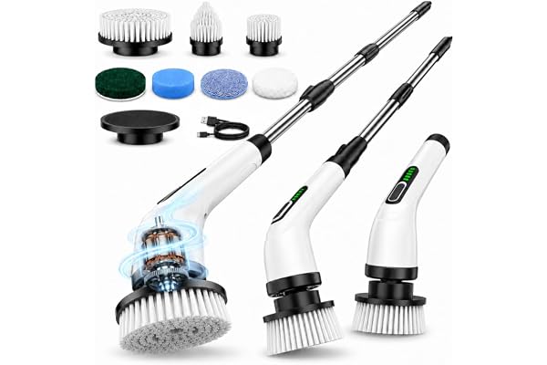 FYDEE Electric Spin Scrubber, Cordless Shower Scrubber with Long Handle, 7 Replaceable Brush Heads, 3000mAh IPX7 Power Scrubb