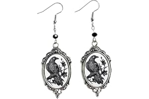 PINK TOWN Gothic Raven Cross Glass Dangle Earrings,Vintage Victorian Drop Earrings Goth Crystal Gem Crow Earrings Mystic Witch Halloween Jewelry Gift Accessories