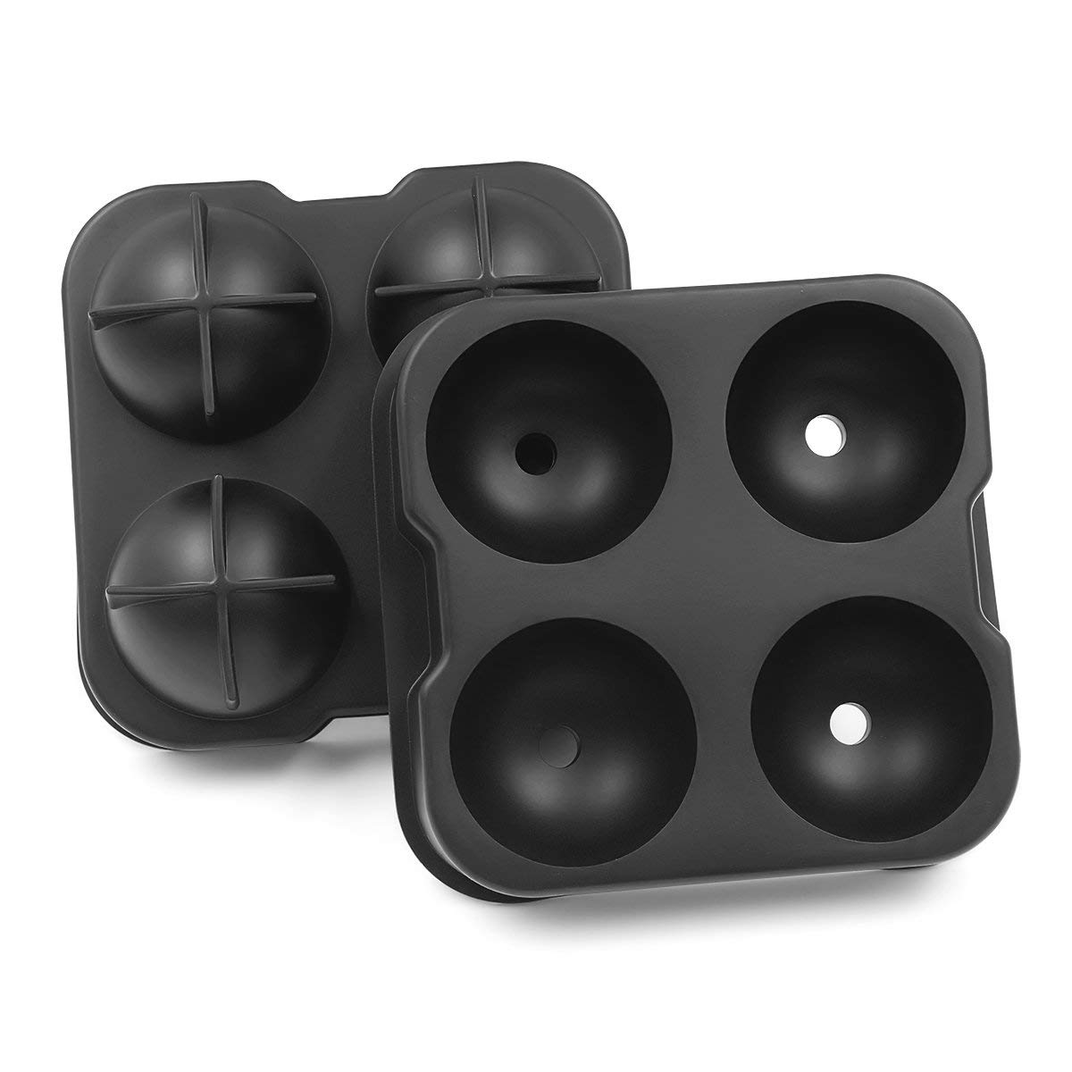 Domi Ice Ball Maker, Black Easy Flexible Silicone Ice Tray，4 Round Large Sphere Ice Molds with Lid & Big Ice Cube Molds for Whiskey/ Cocktails / Bourbon/ Keep Drinks Colder Longer Than Ice Cubes -- FD