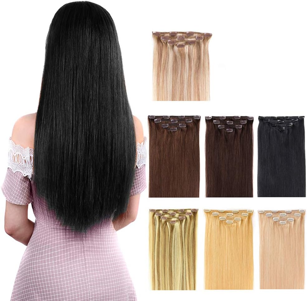 12" Hair Extensions Clip in Human Hair for Women Beauty - Silky Straight Short Clip on Hair Pieces 50grams 4pieces Jet Black #1 Color