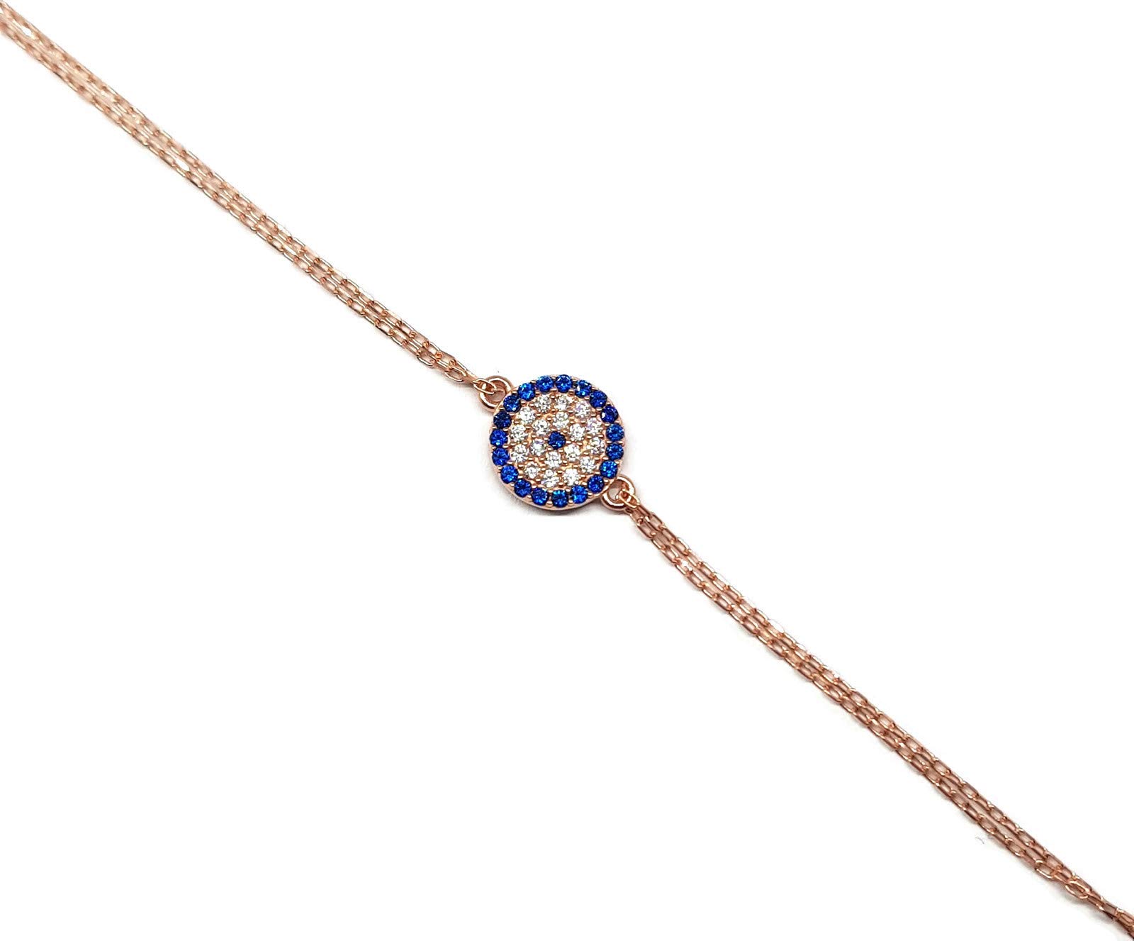 MYSTIC JEWELS By Dalia – Turkish Eye Motif Zircon Bracelet – Double Chain 16 – 18 cm Adjustable (Rose Gold Plated)