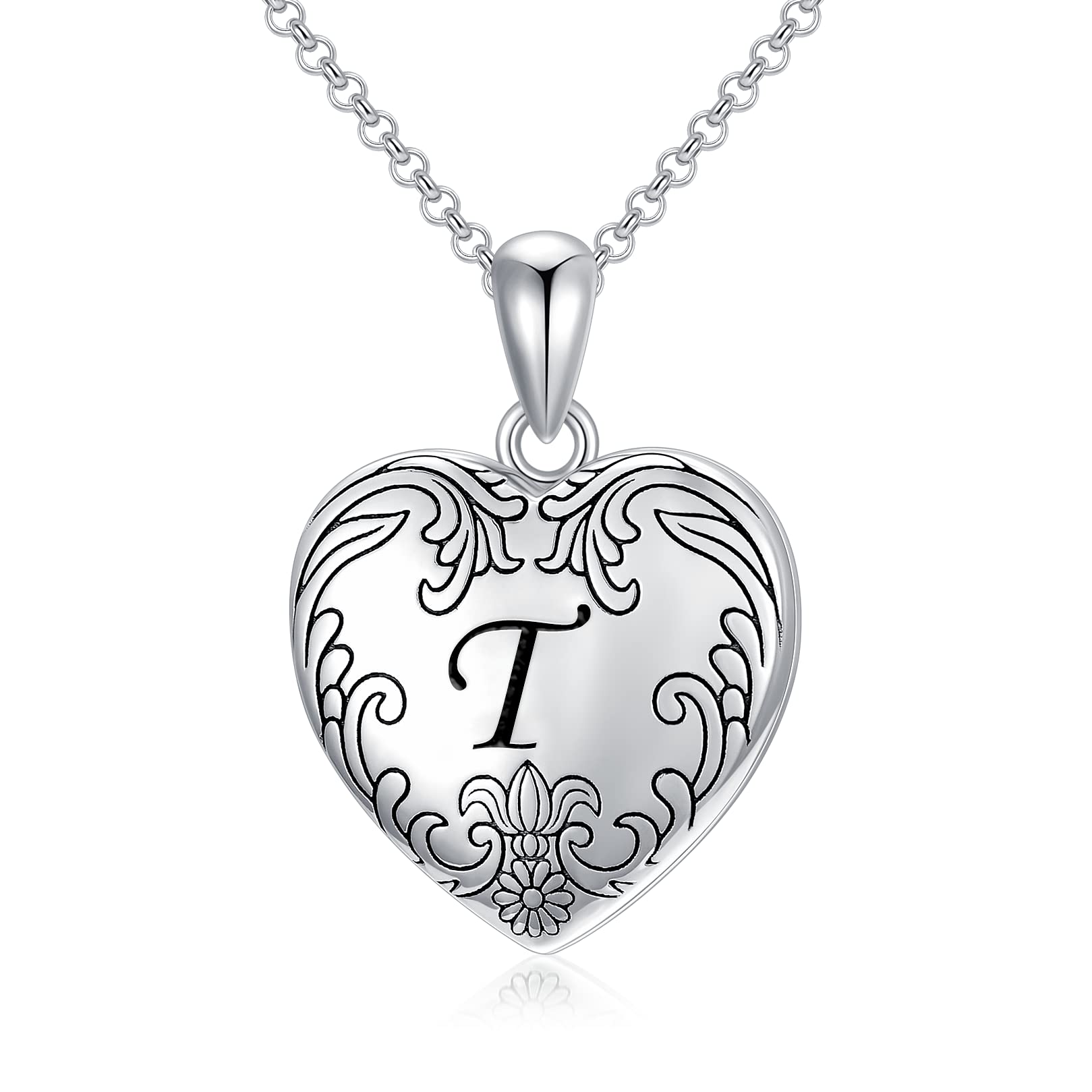 SOULMEET 18K White Gold Plated Silver Vintage Initial Heart Locket Necklace That Holds Pictures Photo Locket Necklace Alphabet T (Locket only)