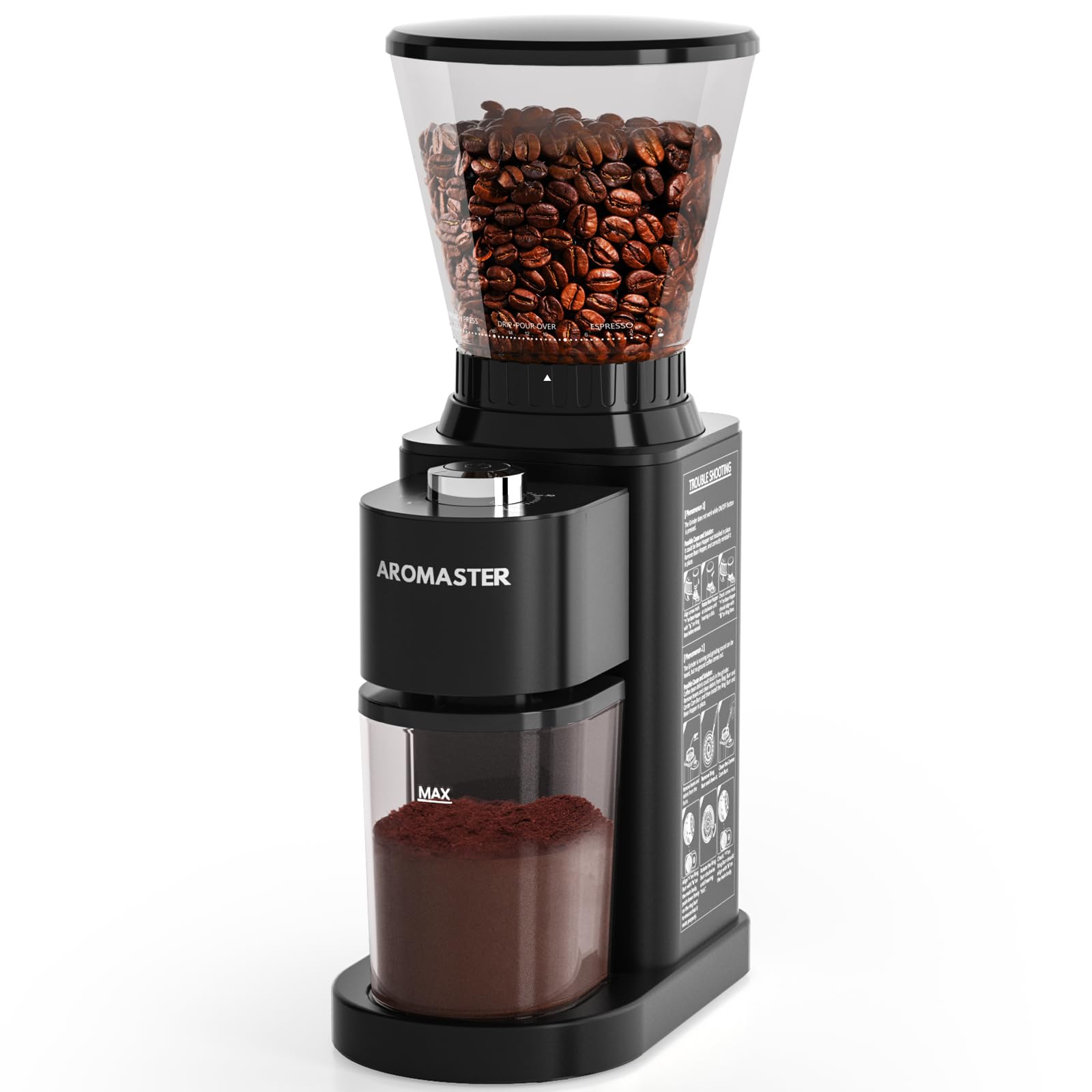 Photo 1 of Aromaster Coffee Bean Grinder with 48 Gind Settings, Conical Burr Coffee Grinder for Home Use,Stainless Steel,40 Seconds Adjustable Timer,Anti-static,Easy to Clean with Brush,Black