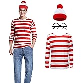 Unpifolov Red and White Striped Tee Shirt Suits Funny Halloween Cosplay Costume Adult Sweatshirt Outfit Hat Glasses Sets