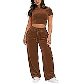 SMSN Women 2 Piece Outfits Velvet Sweatsuit Set Casual Short Sleeve Pullover Tops and Wide Leg Sweatpant Tracksuit Sets