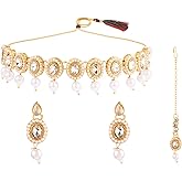 Efulgenz Crystal Kundan Choker Sets for Women Indian Jewelry Crystal Faux Pearl Beads Necklace Earrings Maang Tikka Head Chain Bollywood Wedding Bridal Set Jewellery