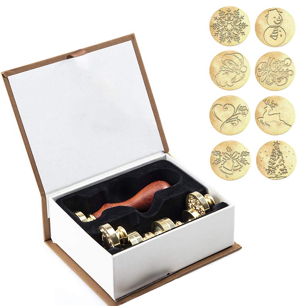 Opaltool Wax Seal Stamp Set, 8 PCS Brass Heads & 1 PCS Wooden Handle, Gold & White, Arts & Crafts Vintage Adhesive Sealing Wax Stamps for Envelope, Postcard, Wedding Invitation