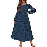 HOSIKA Girls Maxi Dress Long Sleeve Swiss Dot A Line Tiered Flowy Casual Party Dresses with Pockets for 6-12 Y
