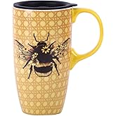 TZSSP Coffee Ceramic Mug Porcelain Latte Tea Cup With Lid 17oz. Bee