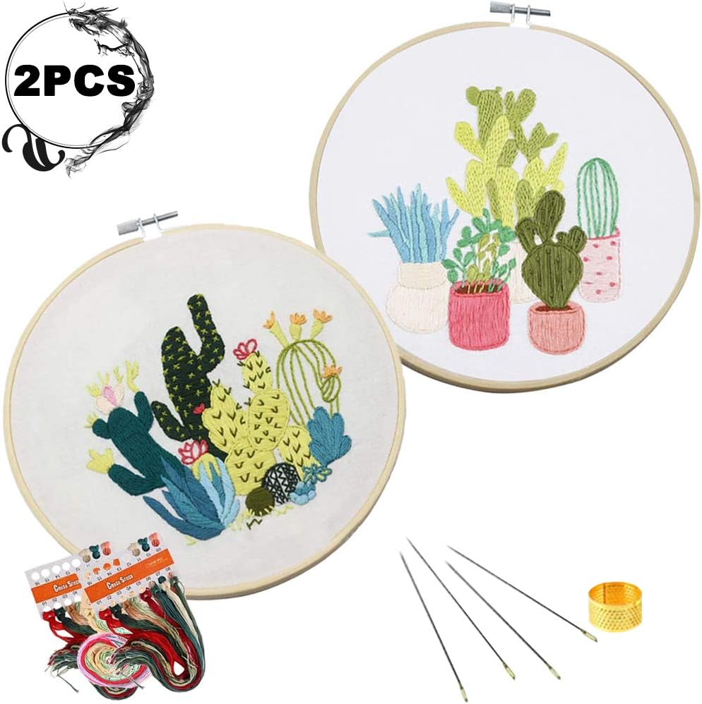 DIY Embroidery Starter Kit w/t Pattern Full Range of Stamped Embroidery Kits w/t Instructions, Embroidery Floral Pattern, Bamboo Hoop, Color Threads & Tools (2 Pack, Model 1#)