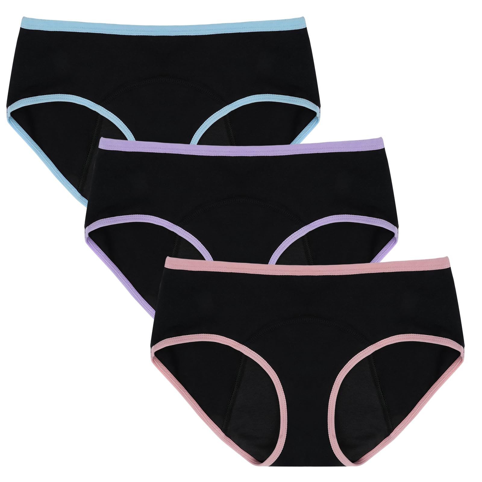 HOTUT Teen Girls Knickers Period Pants Pack of 3 Soft Cotton Leakproof Menstrual Underwear Briefs Mid Waist Menstrual Panties for Teenage 10-16 Years Clean and Washable Black
