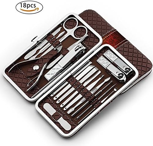 Nail Clipper Travel Set,18 in 1 Stainless Steel Manicure Pedicure Set Nail Cutter Scissors Care Set Tweezers Knife Ear Pick Eyebrow Scissors Utility Tools Grooming Kits with Leather Case (Brown)