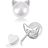 PANSTAR Cat Pearl Earrings for Women - Hypoallergenic 925 Sterling Silver PostsAnimal Lover Gift, Dainty Earrings, Pet Jewelry