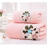 ABREEZE Floral Cluster Embroidered Bath Towel Set,2 Piece,Coral Velvet Lightweight Soft Absorbent Towel Set Gift for Mother's Day Valentine's Day,Pink(1 Bath Towel,1 Hand Towel)