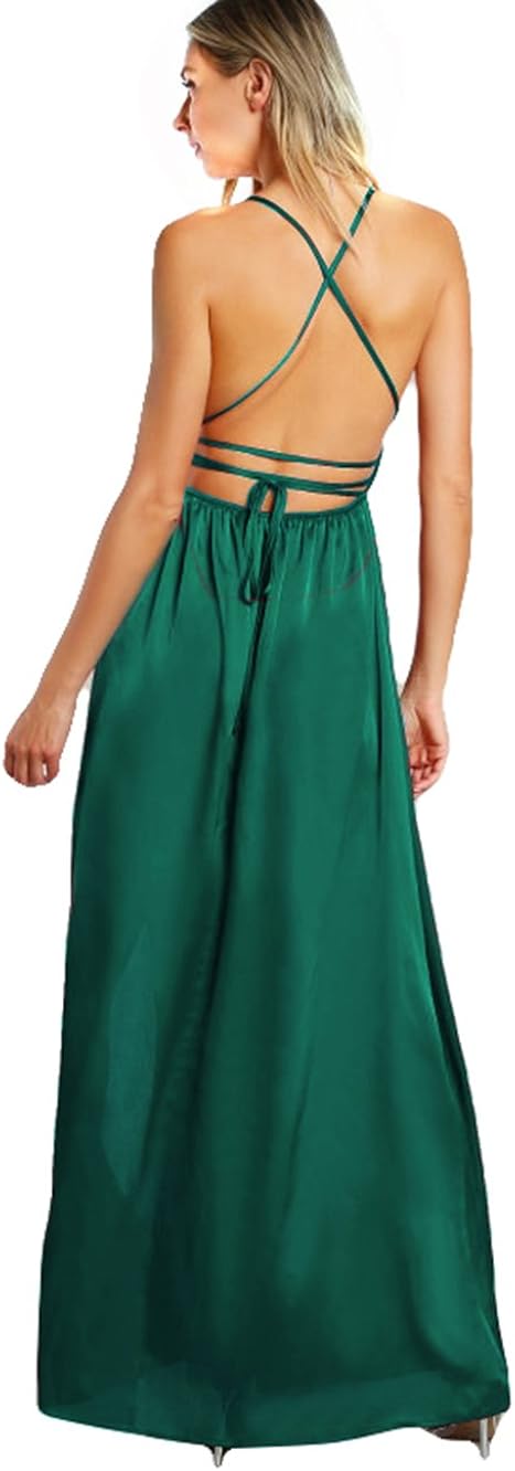 SheIn Women's Sexy Satin Deep V Neck Backless Maxi Party Evening Dress: Clothing