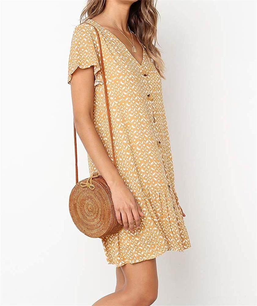Women\'s Summer Button Down Polka Dot Dress Casual Ruffle Beach Sundresses Flowy Bohemian V Neck Cute Mini Tshirt Dress Yellow