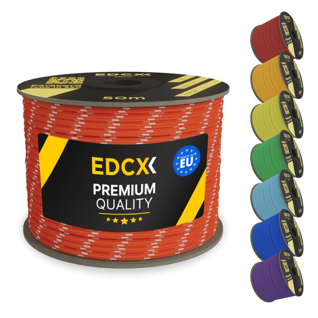 EDCX 4mm Nylon Paracord 550 50m (165 feet) | Ideal for Camping, Survival, Outdoor, Crafting, DIY | 100% Nylon Rope 4mm | Paracord 550 Type III in Solid Color (Reflective Sofit Orange, 50 m)