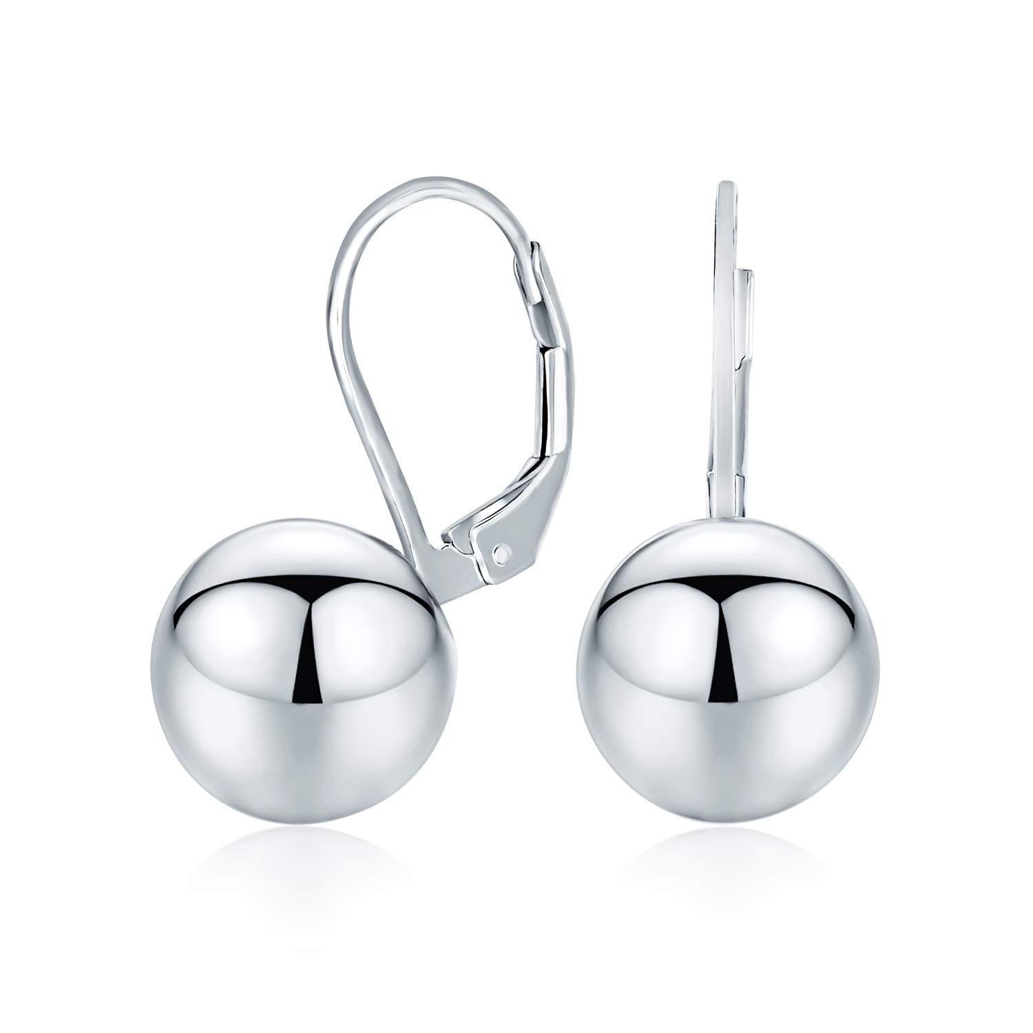 Classic Simple Basic Dangling Lever back Round Bead Ball Drop Earrings For Women .925 Sterling Silver 10MM