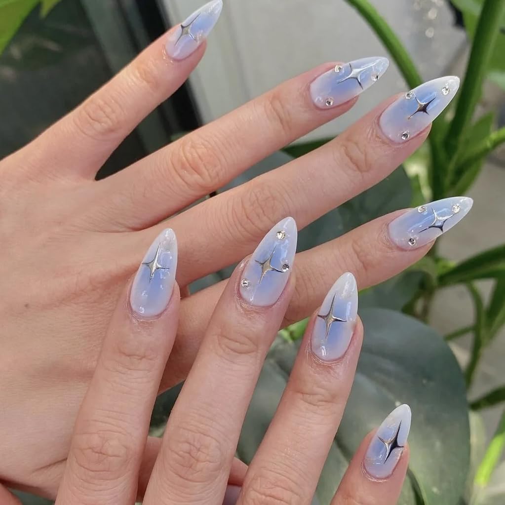 MERVF Medium Almond Gradient Stiletto Acrylic Nails Blue Gradient - 24pcs Glossy Aura False Nails with Star Rhinestones Design Press Ons Glue Ons