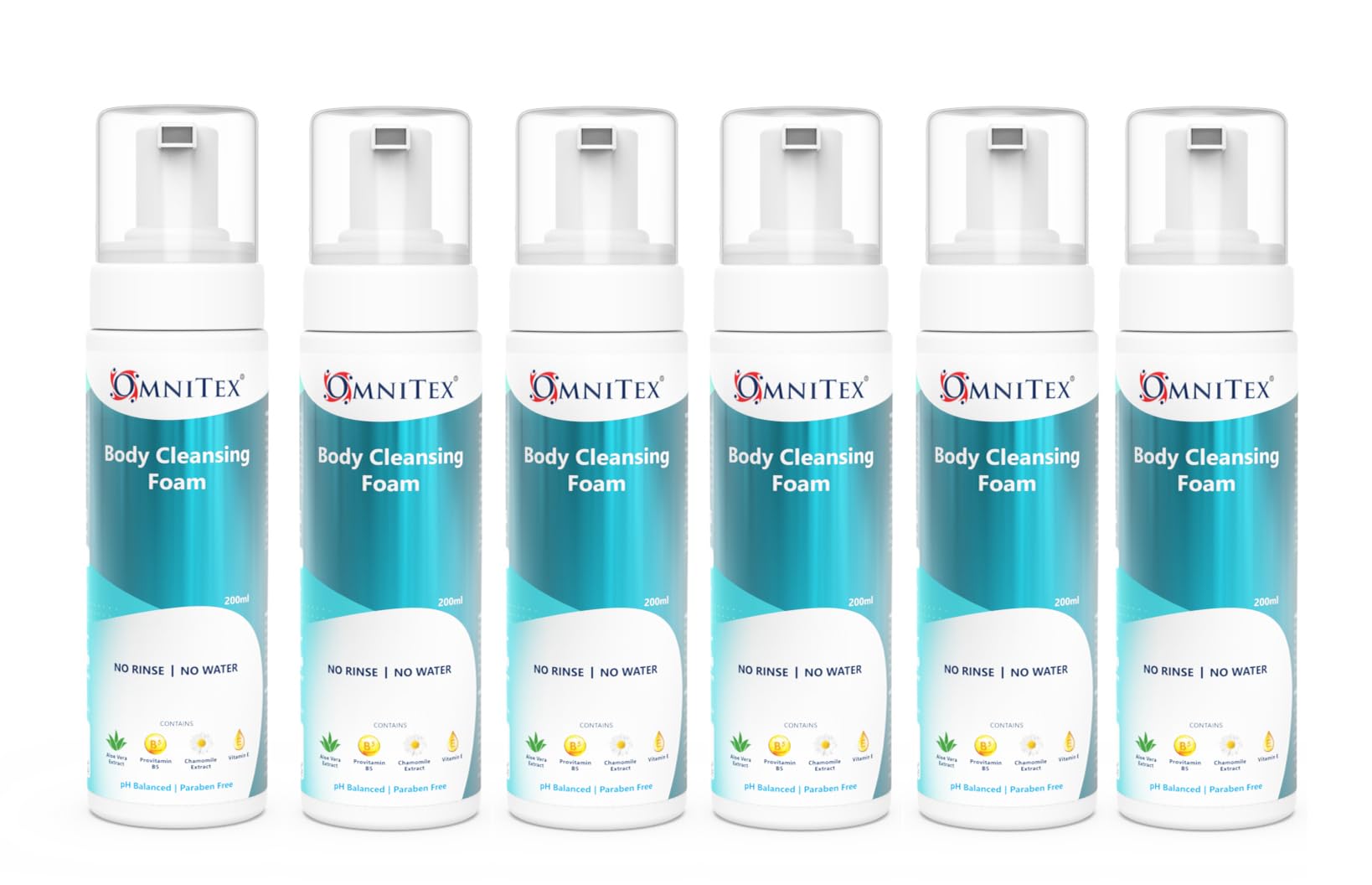 6x 200ml Omnitex Rinse Free Body Cleansing Foam, With Herbal Oils & Vitamins | No Water - No Rinse Body Wash | Clean, Nourish & Protect, No Parabens, Latex Free, Alcohol Free, Dermatologically Tested