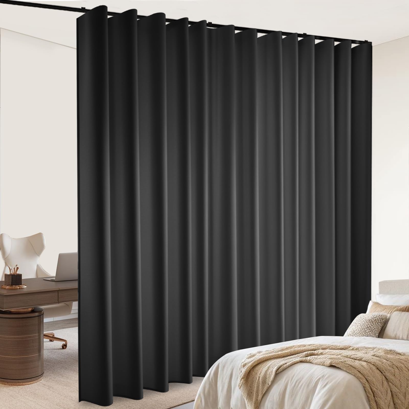 Photo 1 of Room Divider Blackout Curtains Flexible Sliding Tracks Sets Ceiling Mounted Rod Window Curtain Privacy Separation for Bedroom Living Rooms,1 Panel Black Drape and Black Track Set-W108xH84 in