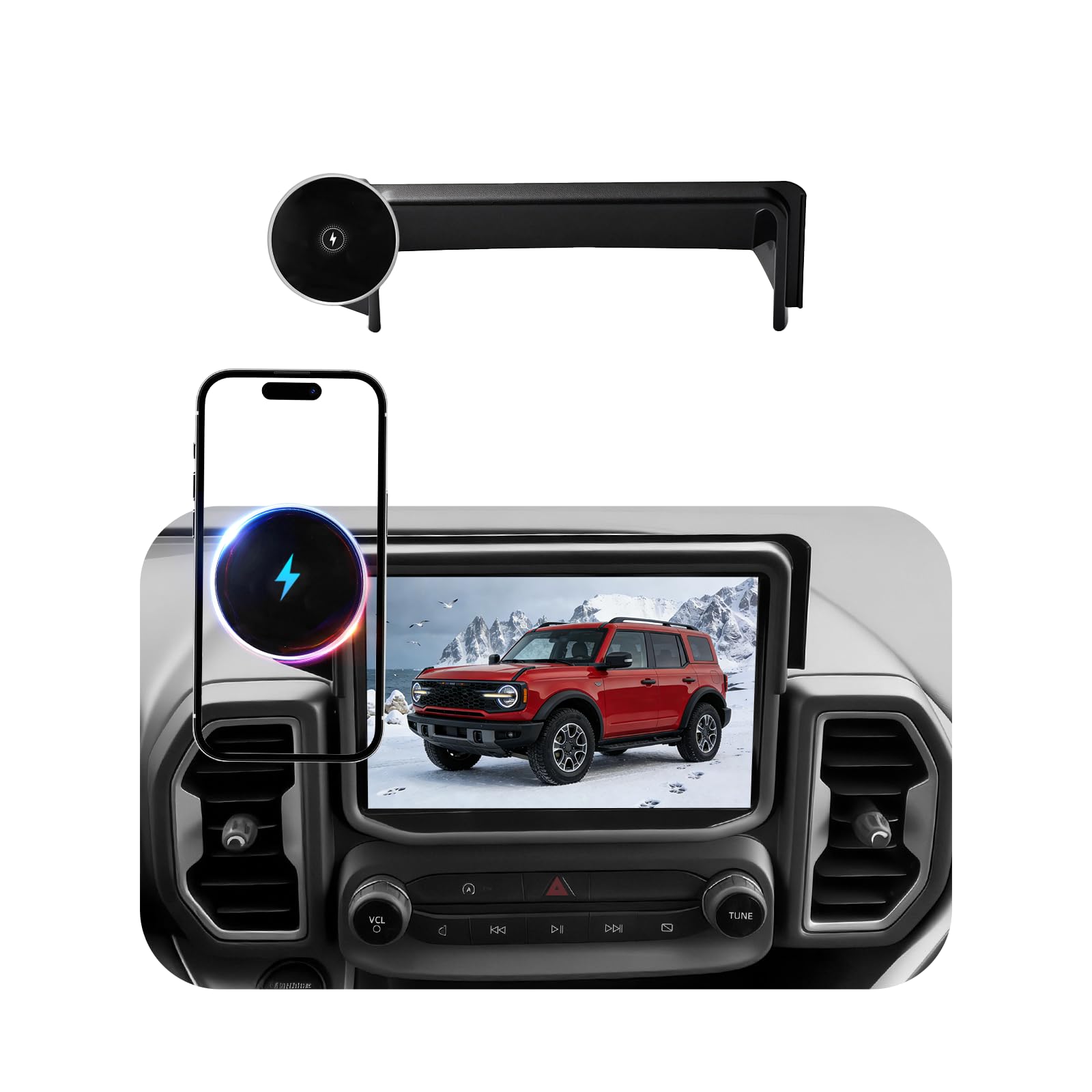 Photo 1 of Car Phone Mount for Ford Bronco Sport (2021-2023 2024, 8" Screen), MagSafe Car Mount, 15W Wireless Charger, iPhone Magnetic Mount for Samsung & Android, 360° & Hands Free, Car Interior Accessories