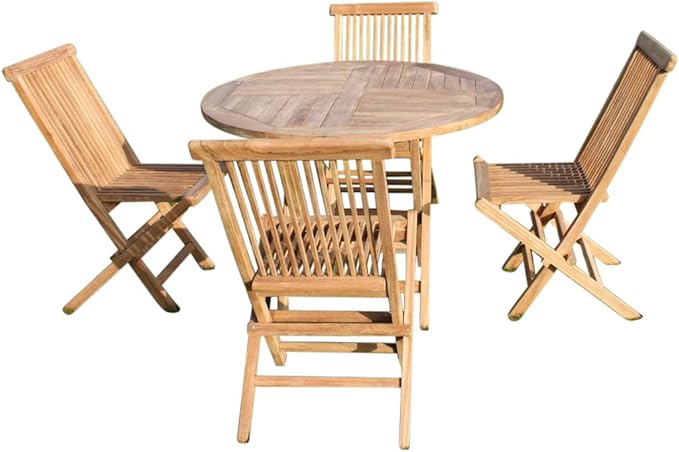 Olive Grove Solid Teak Round Garden Dining Table and 4 Folding Chairs