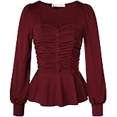 Belle Poque Peplum Tops for Women Square Neck Long Sleeve Blouses Ruffle Hem Smocked Elegant Shirts
