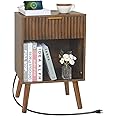 Fultyle Mid Century Modern Nightstand with Charging Station, Modern Bedside Table with Fluted Drawer and Storage Shelf, End Side Tables Living Room for Bedroom, Office (Rustic Brwon)