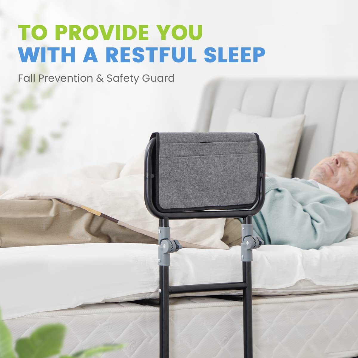 OasisSpace Foldable Bed Rail for Elderly Adults- Height Adjustable Bed Support Bar with Storage Pocket, Medical Bed Safety & Assisting Rails for Getting in & Out of Bed with Floor Support