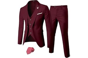 YND Men's Slim Fit 3 Piece Suit Set, One Button Solid Blazer Vest Pants with Tie