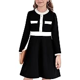 NIUSC Girls Dress Fall Dress Long Sleeve Button Color Block Winter Casual Party Dresses 5-14Y
