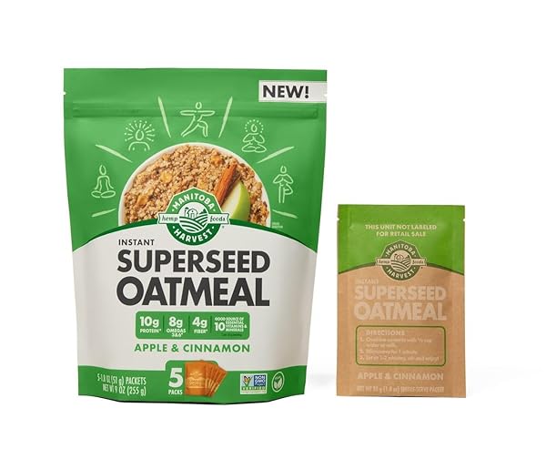 MANITOBA HARVEST SUPERSEED INSTANT OATMEAL, 10G PROTEIN, 4G FIBER AND 8G OMEGA 3 AND 6 PER SERVING FROM HEMP HEARTS, WHOLE GRAIN ROLLED OATS, & FLAX SEED, APPLE & CINNAMON, 9 OUNCE (PACK OF 1)