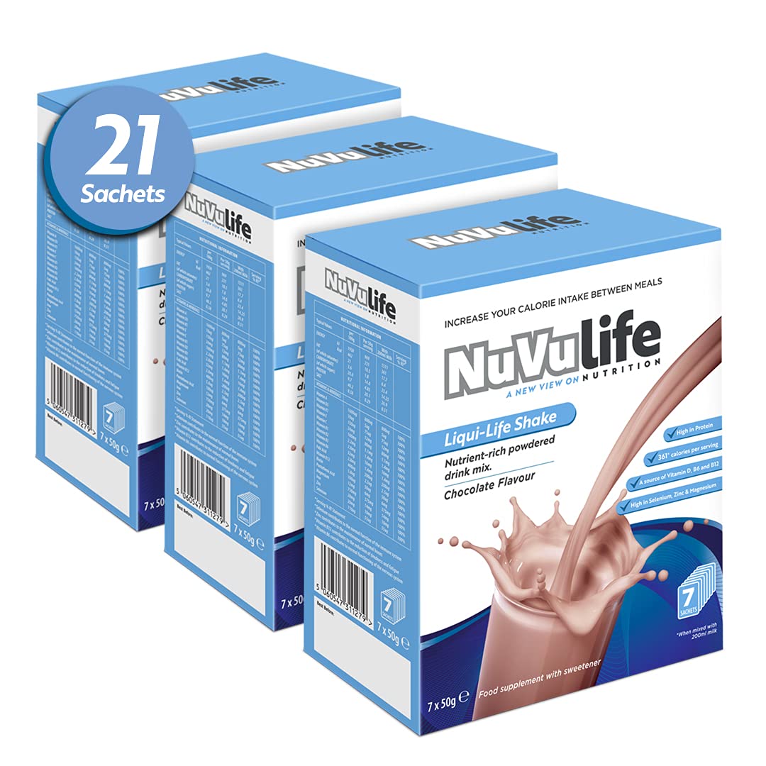 NuVu Life, Liquid-Life Shake. High Calorie, High Protein, Nutrient Rich Powdered Drink Mix for Weight Gain or Meal Replacement (Chocolate, 21 Sachets)