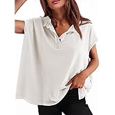 Tankaneo Womens Oversized Cap Sleeve Polo Shirts Summer Casual V Neck Tops Loose Fit Collared Cotton Tee Shirts
