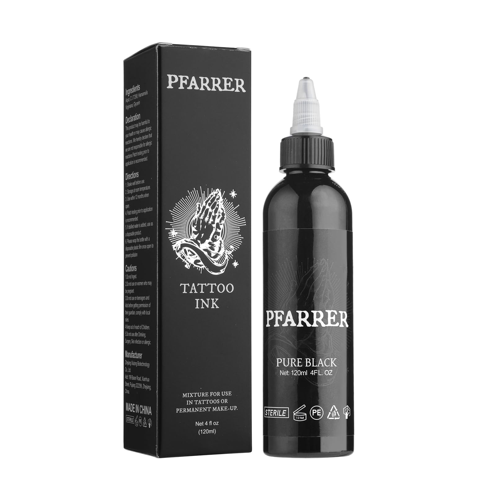 PFARRER Black Tattoo Ink 4oz(120ml) Vegan-Friendly USA Standard Pigment Tattoo Supplies Pure Black TI7003-120-001