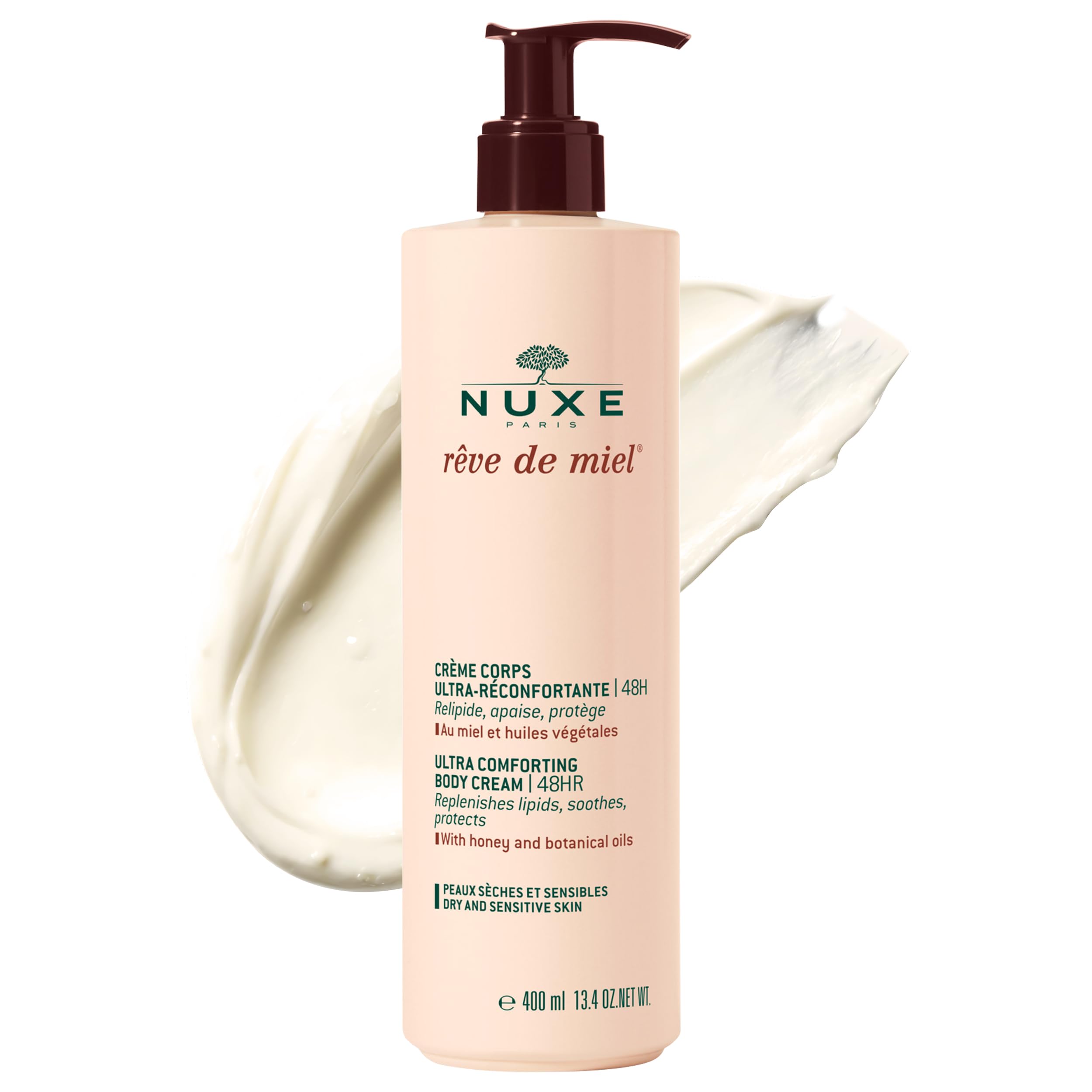 Nuxe Rêve de Miel Ultra-Comforting Body Cream 400ml, 48-Hour Moisturising Body Cream, Reduces Redness & Soothes Tugging Sensations, For Lasting Comfort, Vegan Formula