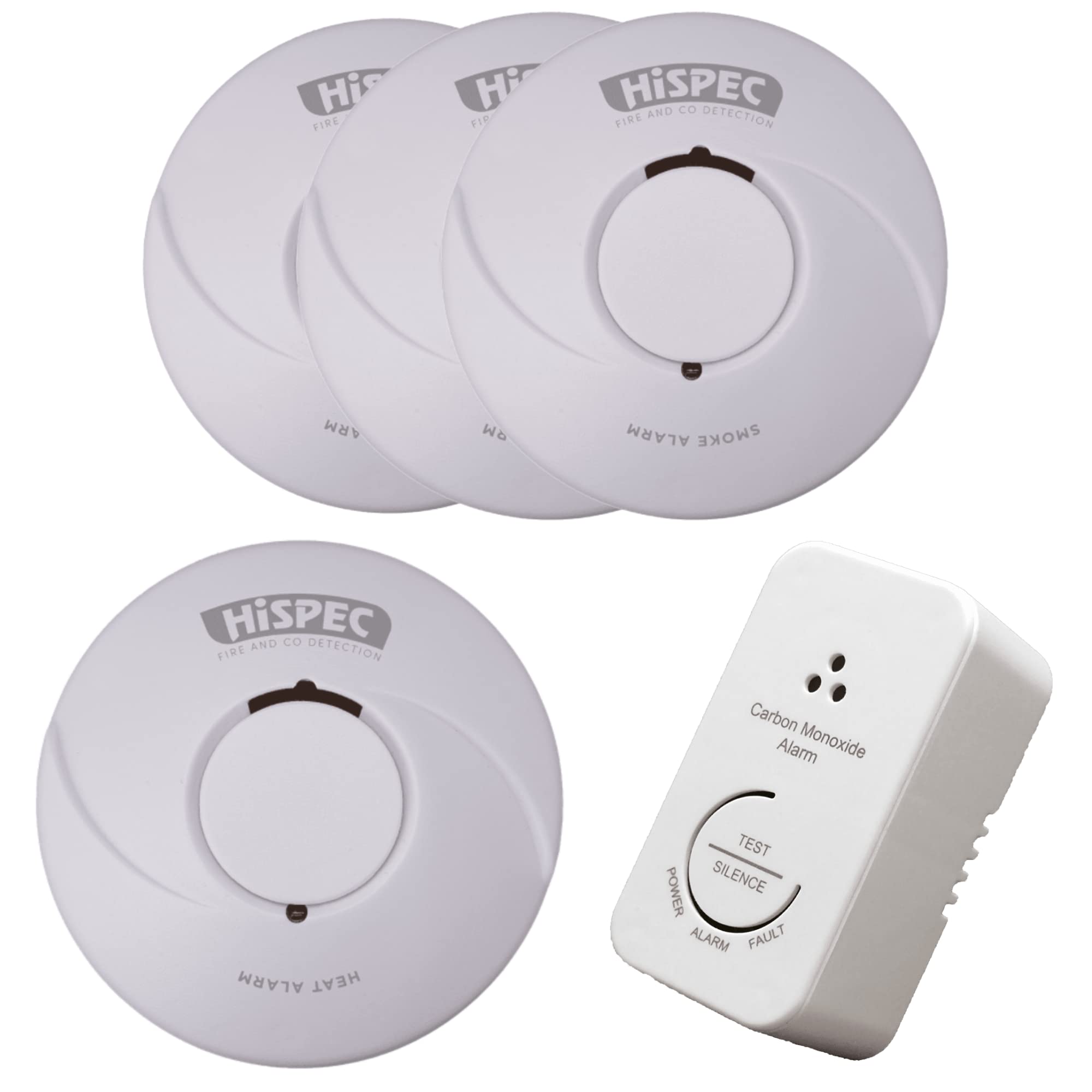 HiSPEC Smoke Alarms Heat Detectors and CO Detectors Fire Safety Kits: Fully Compliant to 2022 Scottish Legislation (3 Smoke / 1 Heat / 1 CO)