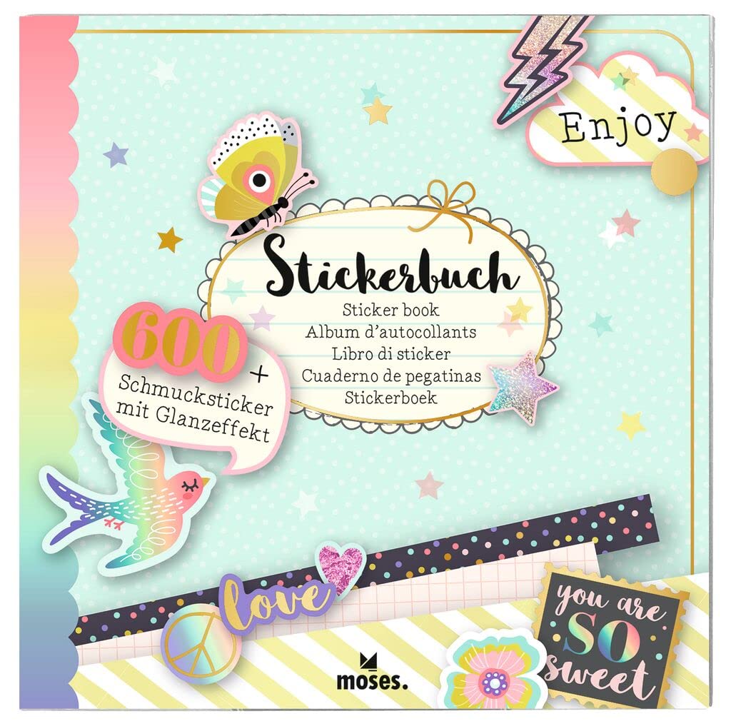 moses. 26259 Flowers & Friends Sticker Book - Over 600 Stickers on 30 Pages in Practical Booklet, Jewellery Stickers, Icons, Symbols and Signs, Colourful with Gloss Effect