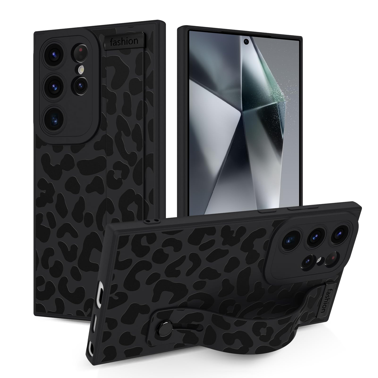 Jefonha Case for Samsung Galaxy S24 Ultra 6.8 inch 2024 Released, Silicone Case with Strap for Women Girls Cute Leopard Cheetah Adjustable Stand Protective Cover for S24 Ultra, Black Leopard